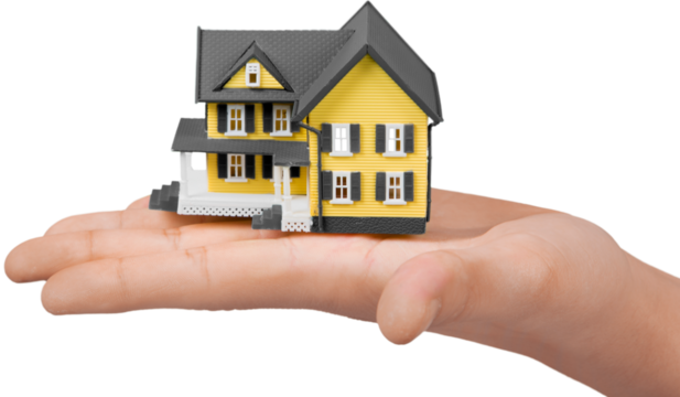 Hand giving of metal house keys and mini house - Powered by Adobe