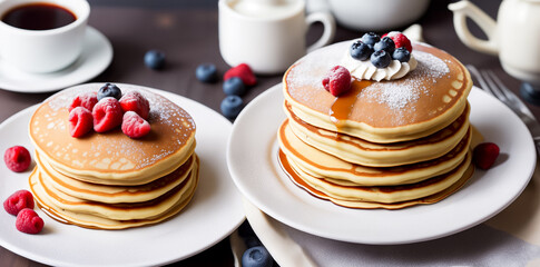 Homemade American pancakes with honey, caramel sauce or syrup with fresh blueberries, raspberries and strawberries on a plate on the table. Breakfast concept. Close-up, angled side view. Generative AI