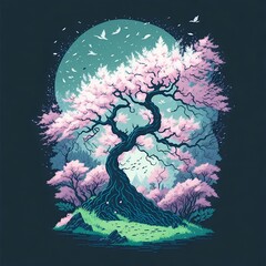 Sakura tree with snowflakes and stars, generative AI