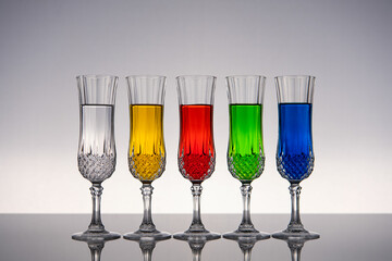 Champagne glass on shiny gray surface