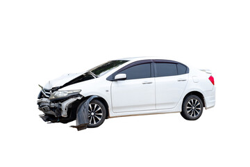 Front of white car get damaged by accident on the road. damaged cars after collision. isolated on...