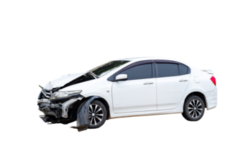 Front of white car get damaged by accident on the road. damaged cars after collision. isolated on transparent background, PNG file