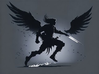 The silhouette of an angel frantically rushing into battle. Generative AI
