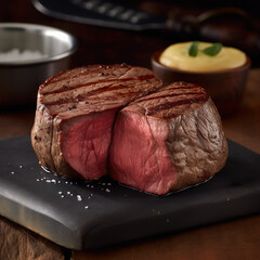 Rinderfiletsteak mit Café de Paris Butter. Perfekt gebratenes Rinderfiletsteak, serviert mit einer köstlichen Café de Paris Butter, die aus Kräutern, Gewürzen, Knoblauch und Butter besteht.