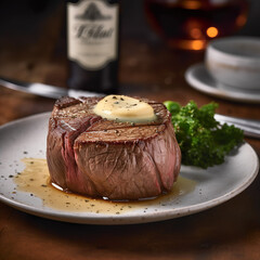 Rinderfiletsteak mit Café de Paris Butter. Perfekt gebratenes Rinderfiletsteak, serviert mit einer köstlichen Café de Paris Butter, die aus Kräutern, Gewürzen, Knoblauch und Butter besteht.