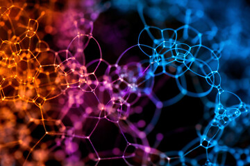 UVIVF of a Colorful Bubbles shining with fluorescent paint illuminated by UV 365nm ultraviolet blacklight photographed in a studio with a macro lens