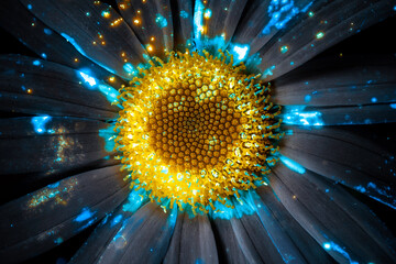 UVIVF of a Fluorescent daisy center photographed under UV 365nm ultraviolet blacklight in a studio with natural spots glowing blue and pollen glowing yellow