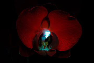 UVIVF of a red fluorescent orchid illuminated under UV 365nm ultraviolet blacklight light in a photographic studio
