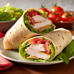 Savor a light and refreshing turkey wrap filled with tender turkey slices, crisp lettuce, and juicy tomato, Generative AI