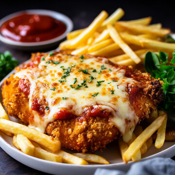 Enjoy a classic and comforting dish of chicken Parmigiana served with crispy French fries, Generative AI