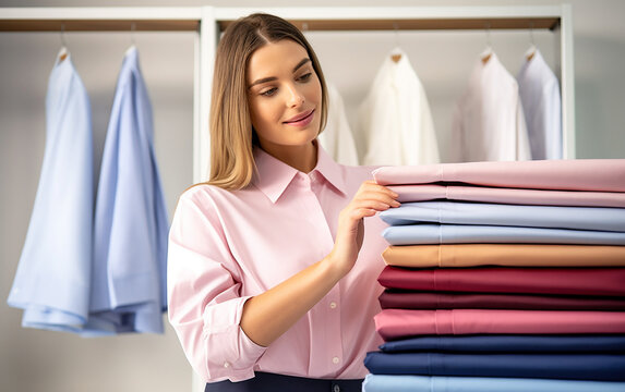a woman elegantly  offering impeccably laundered shirts to a satisfied customer
