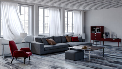 Naklejka na ściany i meble Large luxury modern bright interiors Living room mockup illustration 3D rendering computer digitally generated image