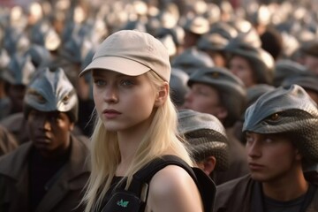 beautiful blonde in a hat, spy villain aliens army on watch, police undercover, lurking in crowds, AI generated