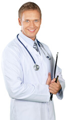 Young male doctor smiling and holding a clipboard or patient chart