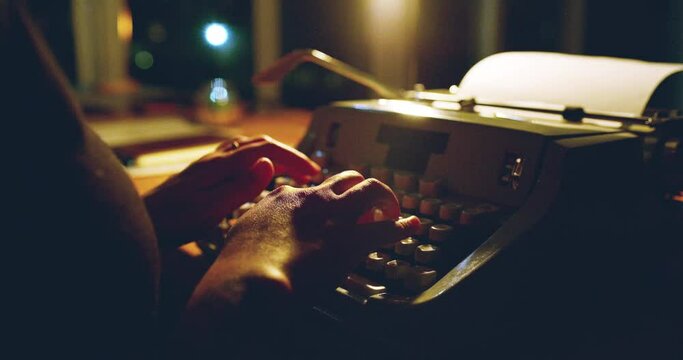 Typewriter, woman hands and night script writing of a writer in a office with paper. Journalist, female worker and document of a person in dark with professional with story on vintage and retro press
