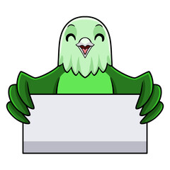 Cute grey headed love bird cartoon holding blank sign