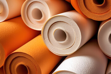 Wallpaper rolls, orange and white paper, photo studio. Generative IA.
