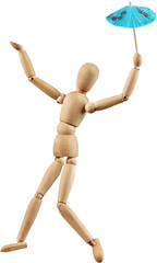 Wooden Mannequin Dummy Holding Paper Umbrella And Dancing - Isolated