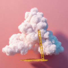 Ladder reaching towards a cloud on a pink background, minimalism. 