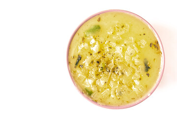 onion broth (creme de cebola), onion cream or onion soup, typical Brazilian food, typically from Brazilian cuisine, on white background with selective focus