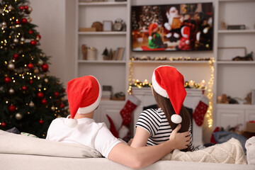 Couple watching Christmas movie via TV in cosy room, back view. Winter holidays atmosphere