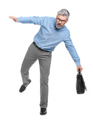Mature businessman in stylish clothes with briefcase on white background
