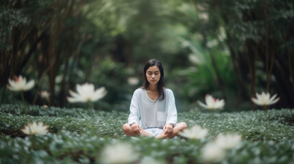 beautiful young woman meditating in yoga pose in the forest, relaxing in the woods, generative ai