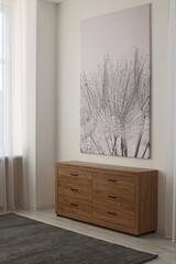 Wooden chest of drawers in modern living room interior