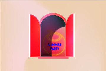 Summer time, party time neon lettering typography with abstract gradient mesh window and curtains isolated on light background