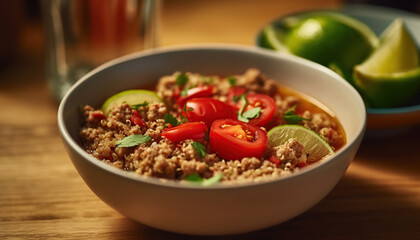 Bowl of seasoned quinoa with ground turkey and fresh spices. Healthy eating. Generative IA.