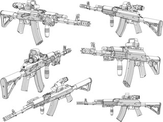 Vector illustration cartoon sketch of modern rifle automatic rifle - obrazy, fototapety, plakaty