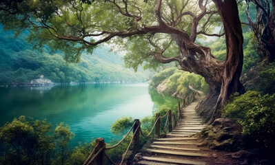 Obraz premium Path leads to a lake filled with trees, landscapes, mountainous vistas, Forest and lake with misty sky, in the style of photo-realistic landscapes. Generative Ai.