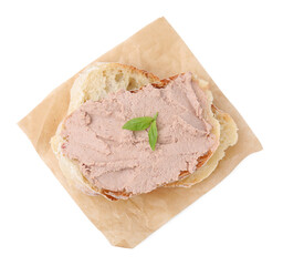 Sandwich with delicious liverwurst and basil isolated on white, top view