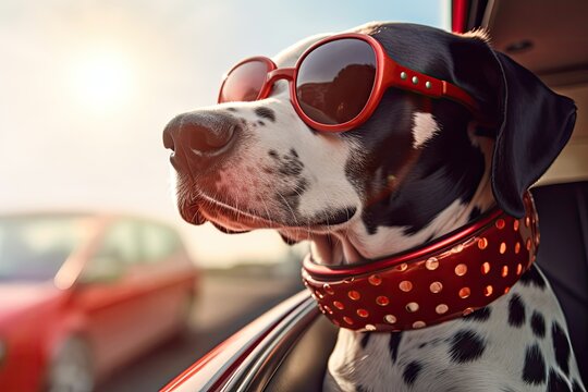 Riding In The Car With A Dog Wearing Bright Orange Sunglasses