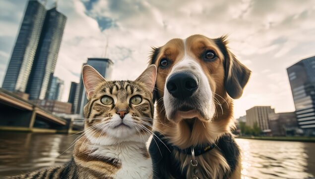Dog and cat taking selfie.