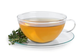 Aromatic herbal tea with thyme isolated on white