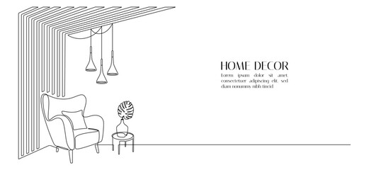 Modern design interior with armchair and wood slat walls in one continuous line drawing. Hygge scandinavian decor and soft furniture chair in simple linear style. Doodle vector illustration