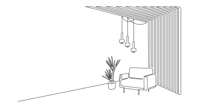 One continuous line drawing of design interior with armchair and wood slat walls. Hygge scandinavian decor and soft furniture chair in simple linear style. Editable stroke. Doodle vector illustration