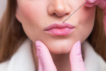 Woman wearing bathrobe in beauty clinic, aesthetics, patient, cosmetic procedures. application of...