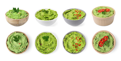 Collage of bowls with tasty guacamole on white background, top and side views