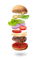 Delicious burger with different flying ingredients on white background