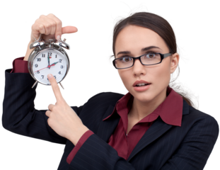 Portrait of young cute business woman with clock isolated on white background