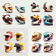 Motorcycle helmets set in colorful design. Generative AI