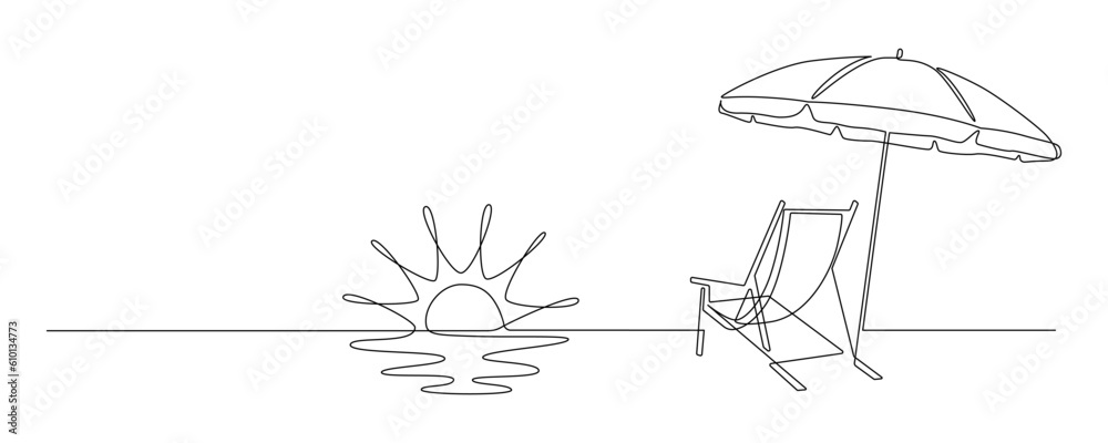 Poster beach umbrella and chair in one continuous line drawing. concept of holiday summer and vacation in p