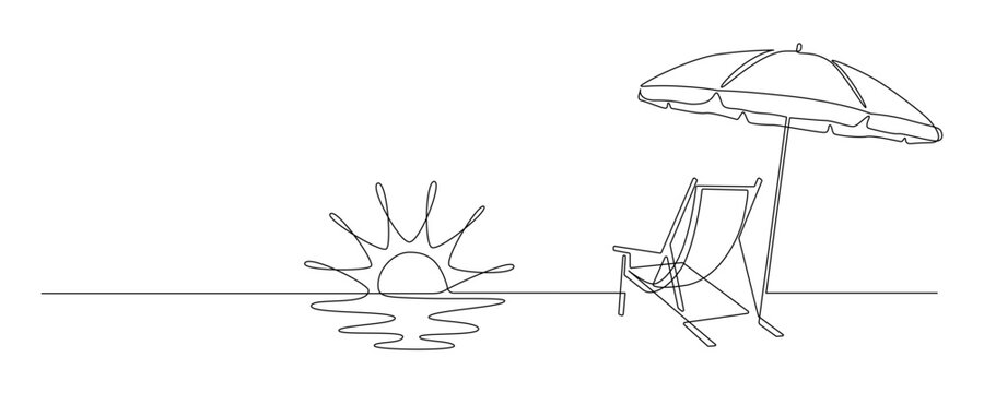 Beach umbrella and chair in one continuous line drawing. Concept of holiday summer and vacation in paradise island and sea in simple linear style. Editable stroke. Doodle outline vector illustration
