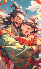 Obraz na płótnie Canvas warm and happy scene illustration of father holding child