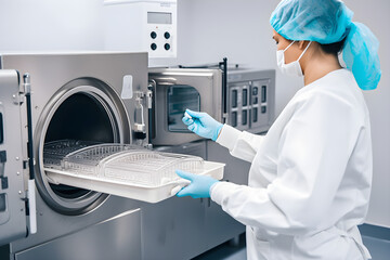 Autoclaving - Sterilization of medical instruments - Nurse loading a tray of instruments into an autoclave for sterilization 