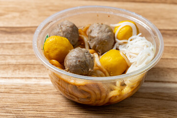 angle view cart noodles with beef balls and fish balls