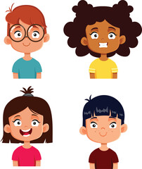 Avatar Set of Happy Little Kids Vector Characters Diverse Group. Collection of little students portrait style drawing smiling 
