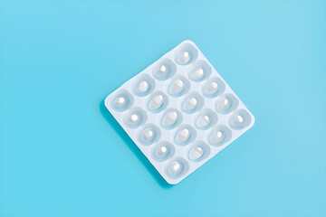 The last pill. Empty pill box. The concept of drug shortages. Empty pack of pills and last pill isolated on blue background. top view 